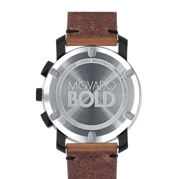 Movado Bold Evolution Black Ion Chronograph Cognac Brown  Brand New Movado Bold Men’s 43mm TR90 Chronograph Black Dial Brown Strap 3600540